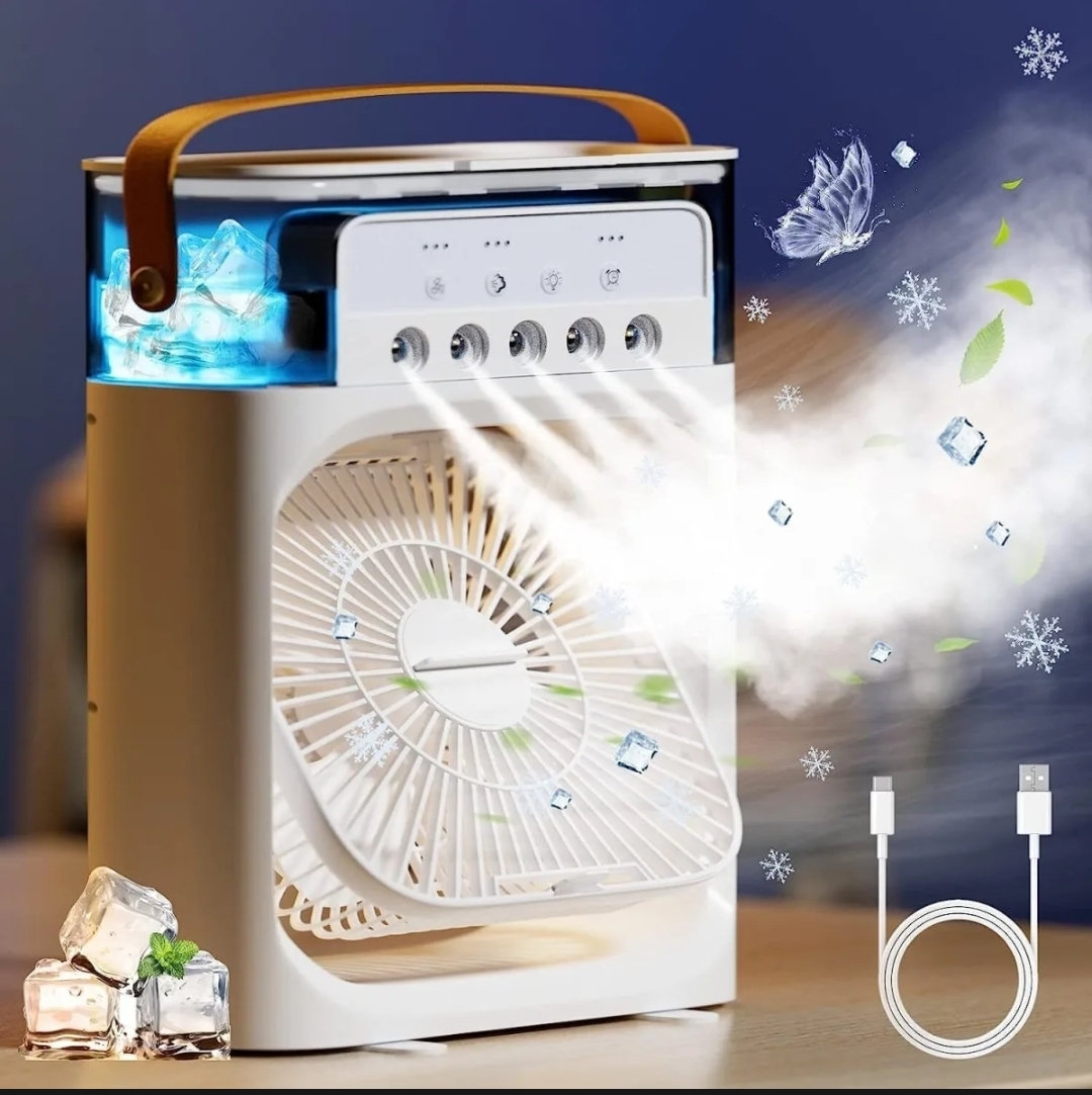 Air Cooler Fan 3 in 1 Mini Portable Fan Humidifier with 7 Colors LED Light Air Cooler 600ml Water Tank Air Cooling FanThis is NOT a rechargeable fan