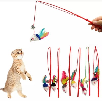 1pcs Cat Toy Mouse On A Stick Teaser Metal Bell Feather Play Pet Dangler Wand_img_0