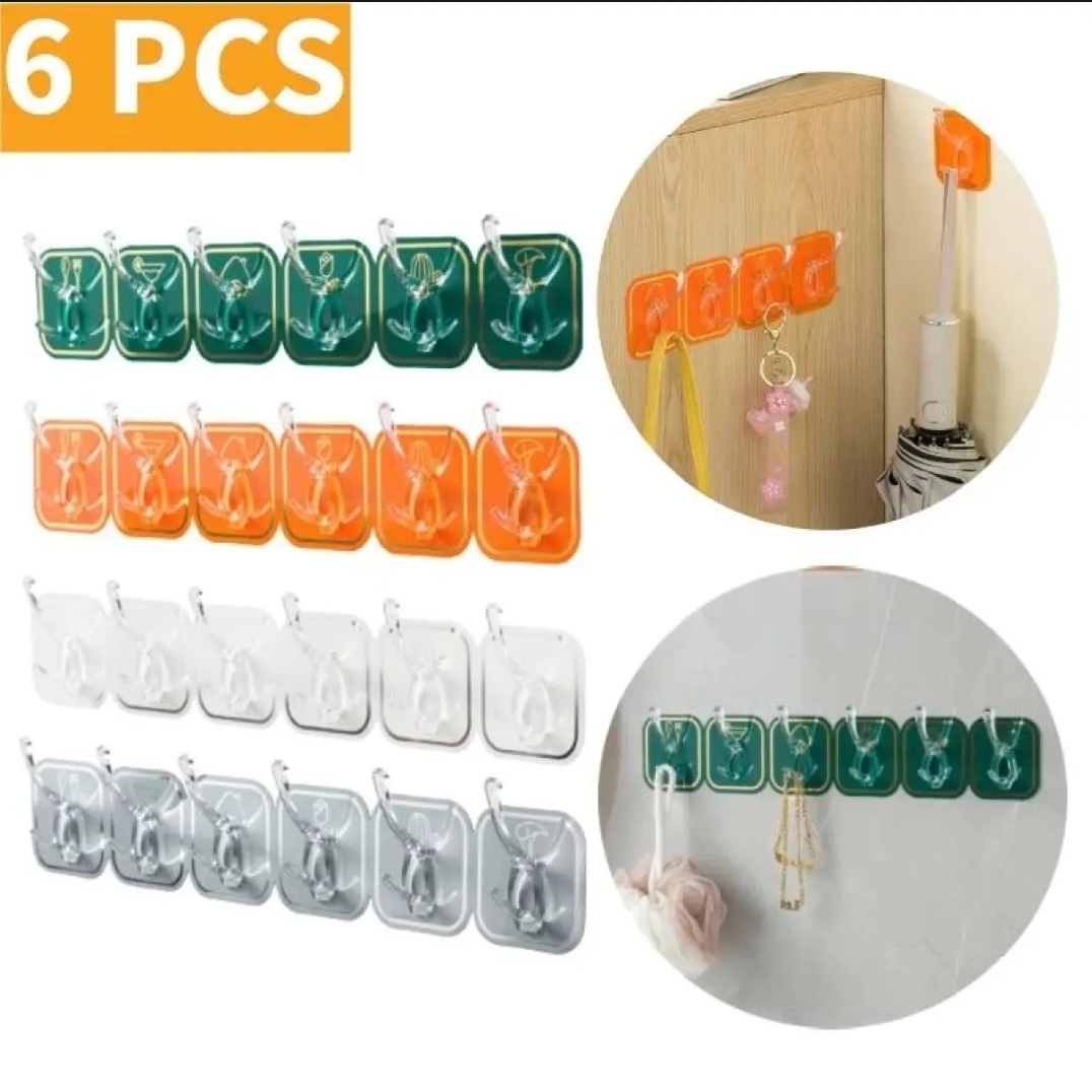 6 pcs hook set Cuttable Key Necklace Hanger Waterproof Bath Ball Towel Rack Space-saving Sundries Holder Strong Bearing Storage Shelf Self-adhesive Row Hook